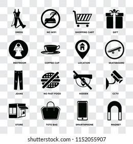 Set Of 16 icons such as Magnet, Smarthphone, Tote bag, Store, Cctv, Dress, Restroom, Jeans, Location on transparent background, pixel perfect