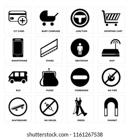 Set Of 16 icons such as Magnet, Dress, No drugs, Skateboard, fire, Cit card, Smartphone, Bus, Restroom, web UI editable icon pack, pixel perfect