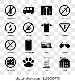 Set Of 16 icons such as Mall, List, Pet, No camera, Glasses, alcohol, water, drugs, Shirt on transparent background, pixel perfect