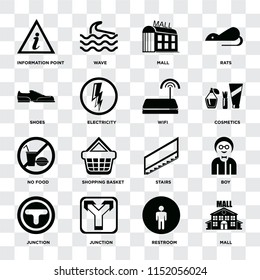 Set Of 16 icons such as Mall, Restroom, Junction, Boy, Information point, Shoes, No food, Wifi on transparent background, pixel perfect