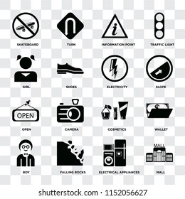 Set Of 16 icons such as Mall, Electrical appliances, Falling rocks, Boy, Wallet, Skateboard, Girl, Open, Electricity on transparent background, pixel perfect