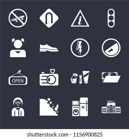Set Of 16 icons such as Mall, Electrical appliances, Falling rocks, Boy, Wallet, Skateboard, Girl, Open, Electricity on black background, web UI editable icon pack