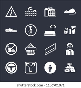 Set Of 16 icons such as Mall, Restroom, Junction, Boy, Information point, Shoes, No food, Wifi on black background, web UI editable icon pack