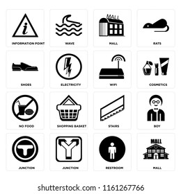 Set Of 16 icons such as Mall, Restroom, Junction, Boy, Information point, Shoes, No food, Wifi, web UI editable icon pack, pixel perfect
