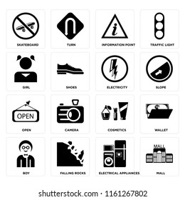 Set Of 16 icons such as Mall, Electrical appliances, Falling rocks, Boy, Wallet, Skateboard, Girl, Open, Electricity, web UI editable icon pack, pixel perfect