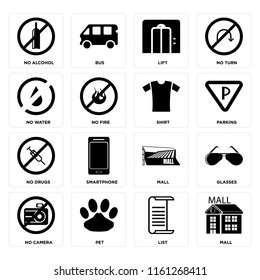 Set Of 16 icons such as Mall, List, Pet, No camera, Glasses, alcohol, water, drugs, Shirt, web UI editable icon pack, pixel perfect