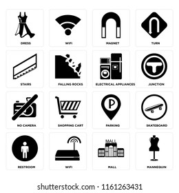 Set Of 16 icons such as Mannequin, Mall, Wifi, Restroom, Skateboard, Dress, Stairs, No camera, Electrical appliances, web UI editable icon pack, pixel perfect