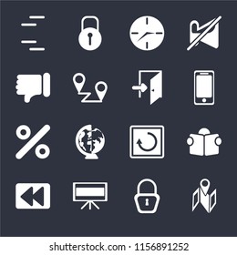 Set Of 16 icons such as Map, Locked, Television, Rewind, Reading, Lines, Dislike, Percent, Exit on black background, web UI editable icon pack