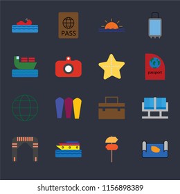 Set Of 16 icons such as Map, Pointer, Cruise, Arch, Waiting room, Water craft, Ship, Globe, Starfish on black background, web UI editable icon pack