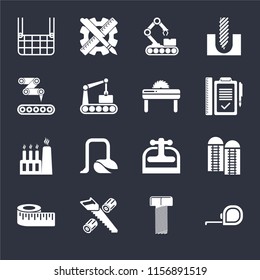 Set Of 16 icons such as Measuring tape, Bolt, Wood cutting, Measure, Silo, Elevator, Conveyor, Factory, Saw on black background, web UI editable icon pack