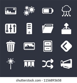 Set Of 16 icons such as Megaphone, Shuffle, Bookmark, Magic wand, Back, Picture, Controls, Garbage, Folder on black background, web UI editable icon pack