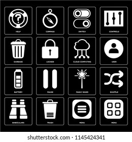 Set Of 16 icons such as Menu, Trash, Binoculars, Shuffle, Help, Garbage, Battery, Cloud computing, web UI editable icon pack, pixel perfect