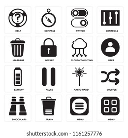 Set Of 16 icons such as Menu, Trash, Binoculars, Shuffle, Help, Garbage, Battery, Cloud computing, web UI editable icon pack, pixel perfect