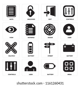 Set Of 16 icons such as Menu, Battery, User, Controls, Note, View, Multiply, Radar, web UI editable icon pack, pixel perfect