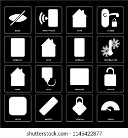 Set Of 16 icons such as Meter, Locking, Remote, Unlock, Blind, Intercom, Home, web UI editable icon pack, pixel perfect