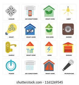 Set Of 16 icons such as Microphone, Smart home, Air conditioner, Power, Garage, Cooler, Smart, Handle, Eco web UI editable icon pack, pixel perfect