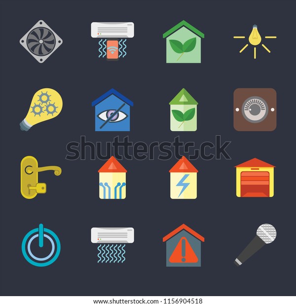 Set Of 16 icons such as Microphone,\
Smart home, Air conditioner, Power, Garage, Cooler, Smart, Handle,\
Eco home on black background, web UI editable icon\
pack