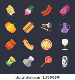 Set Of 16 icons such as Milk, Jawbreaker, Salt, Pasta, Glass, Toast, Pumpkin, Jam, Sushi on black background, web UI editable icon pack