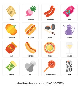 Set Of 16 icons such as Milk, Jawbreaker, Salt, Pasta, Glass, Toast, Pumpkin, Jam, Sushi, web UI editable icon pack, pixel perfect