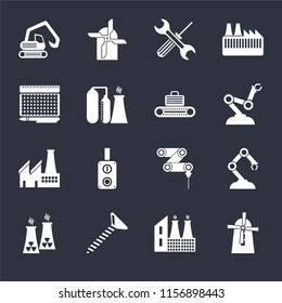 Set Of 16 icons such as Mill, Factory, Screw, Nuclear plant, Robotic arm, Digger, print, Conveyor on black background, web UI editable icon pack