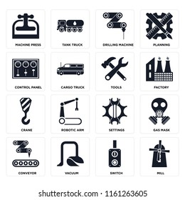 Set Of 16 icons such as Mill, Switch, Vacuum, Conveyor, Gas mask, Machine press, Control panel, Crane, Tools, web UI editable icon pack, pixel perfect