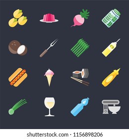 Set Of 16 icons such as Mixer, Water, Glass, Chives, Mustard, Pistachio, Coconut, Hot dog, Asparagus on black background, web UI editable icon pack