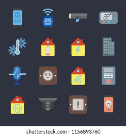 Set Of 16 icons such as Mobile, Switch, Security camera, Home, Intercom, Remote, Temperature, Voice control, Home on black background, web UI editable icon pack