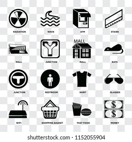 Set Of 16 icons such as Money, Fast food, Shopping basket, Wifi, Glasses, Radiation, Mall, Junction on transparent background, pixel perfect