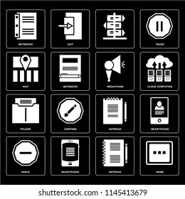 Set Of 16 icons such as More, Notepad, Smartphone, Minus, Notebook, Map, Folder, Megaphone, web UI editable icon pack, pixel perfect