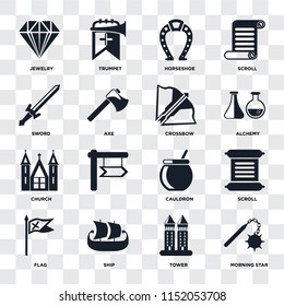 Set Of 16 icons such as Morning star, Tower, Ship, Flag, Scroll, Jewelry, Sword, Church, Crossbow on transparent background, pixel perfect