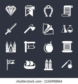 Set Of 16 icons such as Morning star, Tower, Ship, Flag, Scroll, Jewelry, Sword, Church, Crossbow on black background, web UI editable icon pack