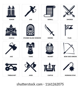 Set Of 16 icons such as Morning star, Castle, Axes, Trebuchet, Bow and arrow, Tower, Axe, Sword, web UI editable icon pack, pixel perfect