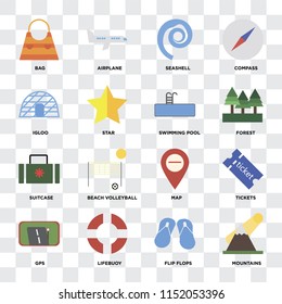 Set Of 16 icons such as Mountains, Flip flops, Lifebuoy, Gps, Tickets, Bag, Igloo, Suitcase, Swimming pool on transparent background, pixel perfect