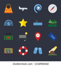 Set Of 16 icons such as Mountains, Flip flops, Lifebuoy, Gps, Tickets, Bag, Igloo, Suitcase, Swimming pool on black background, web UI editable icon pack