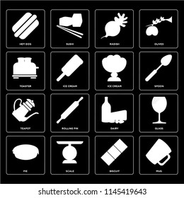 Set Of 16 icons such as Mug, Biscuit, Scale, Pie, Glass, Hot dog, Toaster, Teapot, Ice cream, web UI editable icon pack, pixel perfect