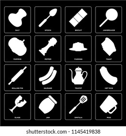 Set Of 16 icons such as Mug, Spatula, Jam, Glass, Hot dog, Salt, Pumpkin, Rolling pin, Pudding, web UI editable icon pack, pixel perfect