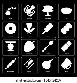 Set Of 16 icons such as Mug, Onion, Knives, Rolling pin, Biscuit, Olives, Doughnut, Scale, Ice cream, web UI editable icon pack, pixel perfect