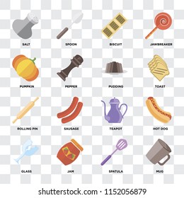 Set Of 16 icons such as Mug, Spatula, Jam, Glass, Hot dog, Salt, Pumpkin, Rolling pin, Pudding on transparent background, pixel perfect