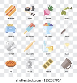 Set Of 16 icons such as Mug, Biscuit, Scale, Pie, Glass, Hot dog, Toaster, Teapot, Ice cream on transparent background, pixel perfect