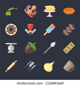 Set Of 16 icons such as Mug, Onion, Knives, Rolling pin, Biscuit, Olives, Doughnut, Scale, Ice cream on black background, web UI editable icon pack