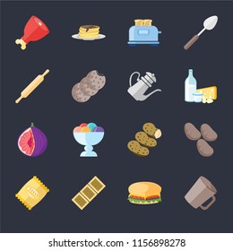 Set Of 16 icons such as Mug, Hamburguer, Biscuit, Chips, Potatoes, Ham, Rolling pin, Fig, Teapot on black background, web UI editable icon pack