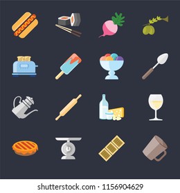 Set Of 16 icons such as Mug, Biscuit, Scale, Pie, Glass, Hot dog, Toaster, Teapot, Ice cream on black background, web UI editable icon pack