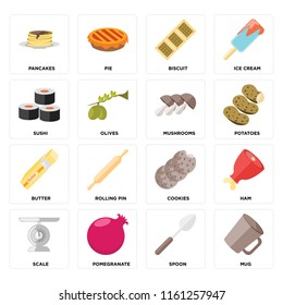 Set Of 16 icons such as Mug, Spoon, Pomegranate, Scale, Ham, Pancakes, Sushi, Butter, Mushrooms, web UI editable icon pack, pixel perfect