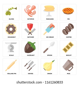 Set Of 16 icons such as Mug, Onion, Knives, Rolling pin, Biscuit, Olives, Doughnut, Scale, Ice cream, web UI editable icon pack, pixel perfect