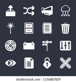 Set Of 16 icons such as Multiply, Unlocked, Notepad, View, Controls, Upload, Magic wand, Radar, Note on black background, web UI editable icon pack