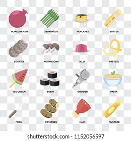 Set Of 16 icons such as Mustard, Ham, Potatoes, Fork, Pasta, Pomegranate, Cookies, Ice cream, Jelly on transparent background, pixel perfect