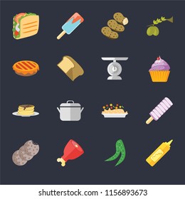 Set Of 16 icons such as Mustard, Peas, Ham, Cookies, Ice cream, Taco, Pie, Pancakes, Scale on black background, web UI editable icon pack
