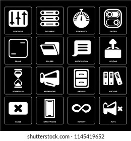 Set Of 16 icons such as Mute, Infinity, Smartphone, Close, Archive, Controls, Frame, Hourglass, Notification, web UI editable icon pack, pixel perfect