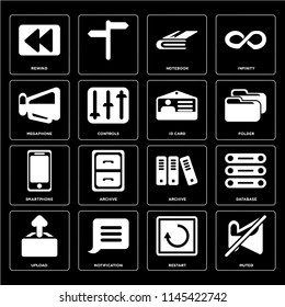 Set Of 16 icons such as Muted, Restart, Notification, Upload, Database, Rewind, Megaphone, Smartphone, Id card, web UI editable icon pack, pixel perfect