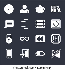 Set Of 16 icons such as Muted, Battery, Exit, Smartphone, Controls, Clock, Notification, Locked, Database on black background, web UI editable icon pack